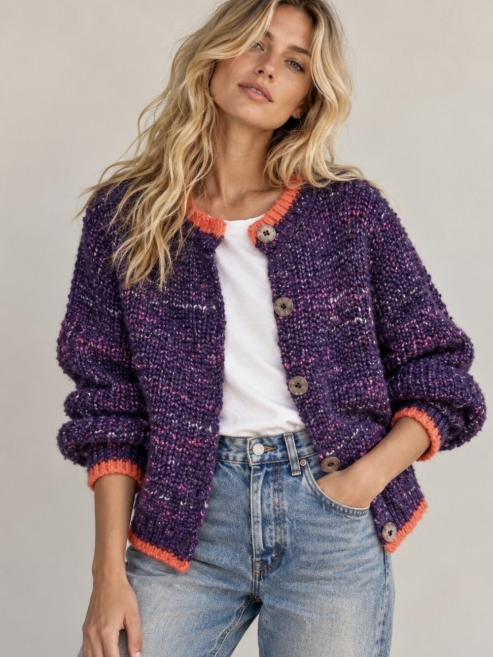 NEW Free People Walk On By Cardigan Sweater Purple Wool Blend Chunky Knit Size S